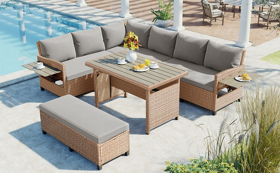 5-Piece Outdoor Patio Rattan Sofa Set; Sectional PE Wicker L-Shaped Garden Furniture Set with 2 Extendable Side Tables; Dining Table and Washable Covers for Backyard; Poolside; Indoor; Brown