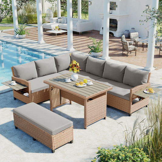 5-Piece Outdoor Patio Rattan Sofa Set; Sectional PE Wicker L-Shaped Garden Furniture Set with 2 Extendable Side Tables; Dining Table and Washable Covers for Backyard; Poolside; Indoor; Brown