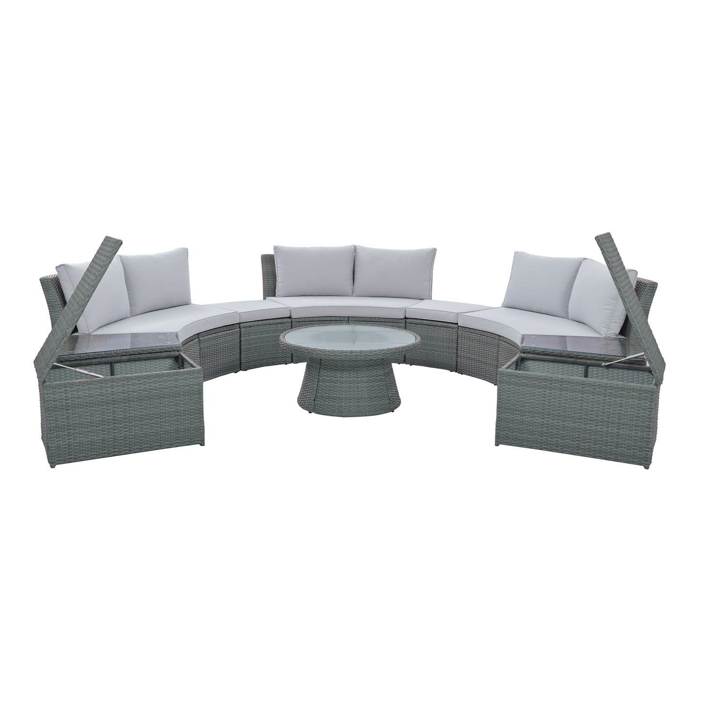 10-Piece Outdoor Sectional Half Round Patio Rattan Sofa Set; PE Wicker Conversation Furniture Set for Free Combination; Light Gray