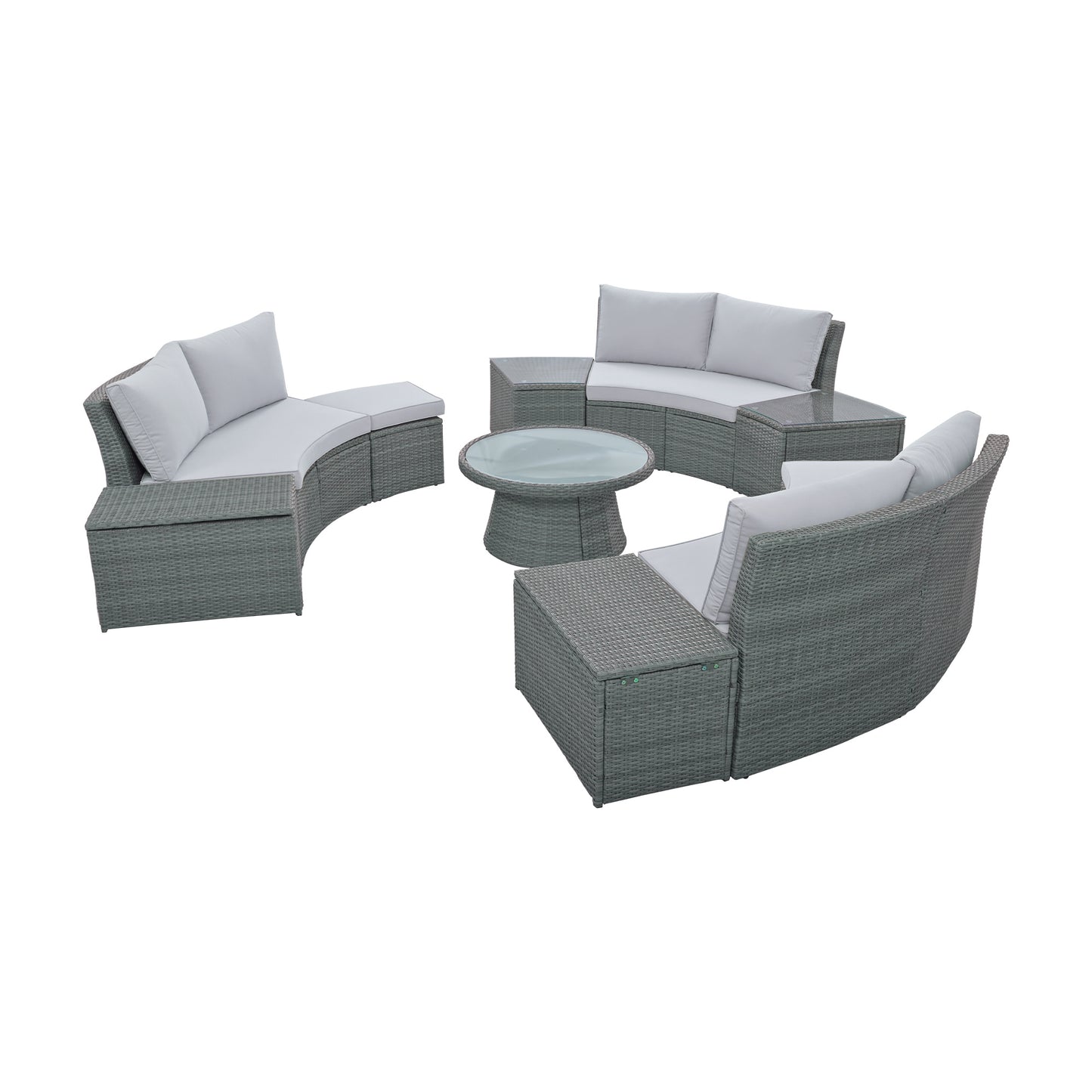 10-Piece Outdoor Sectional Half Round Patio Rattan Sofa Set; PE Wicker Conversation Furniture Set for Free Combination; Light Gray