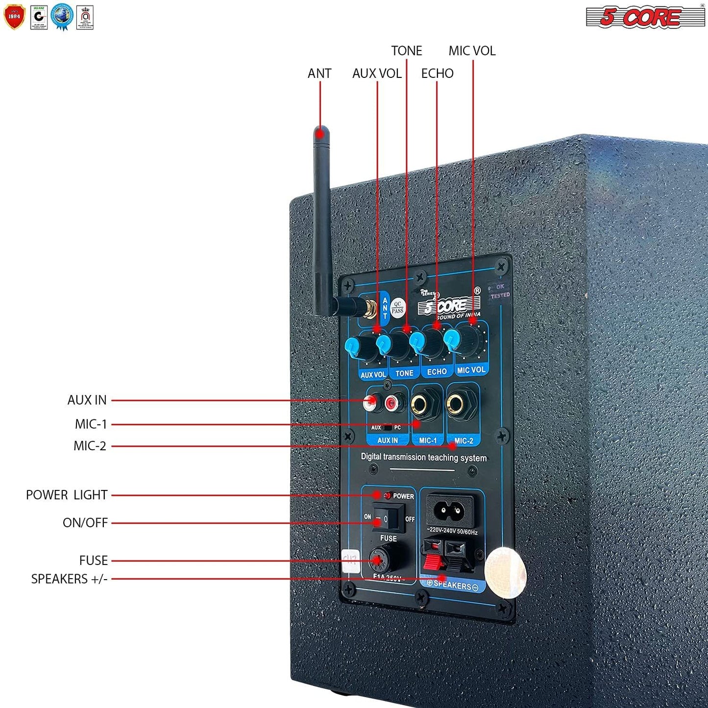 5 Core Wireless Lavalier Microphone System with Power Amplifier 200 Watt PMPO Receiver Loud Speaker PA System Set Lapel Mic 2 in 1 for Teaching Speech Meetings Classroom Conference Seminar-5C APS