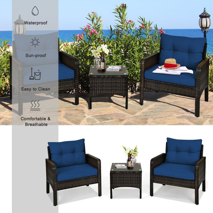 3 Pieces Outdoor Patio Rattan Conversation Set with Seat Cushions