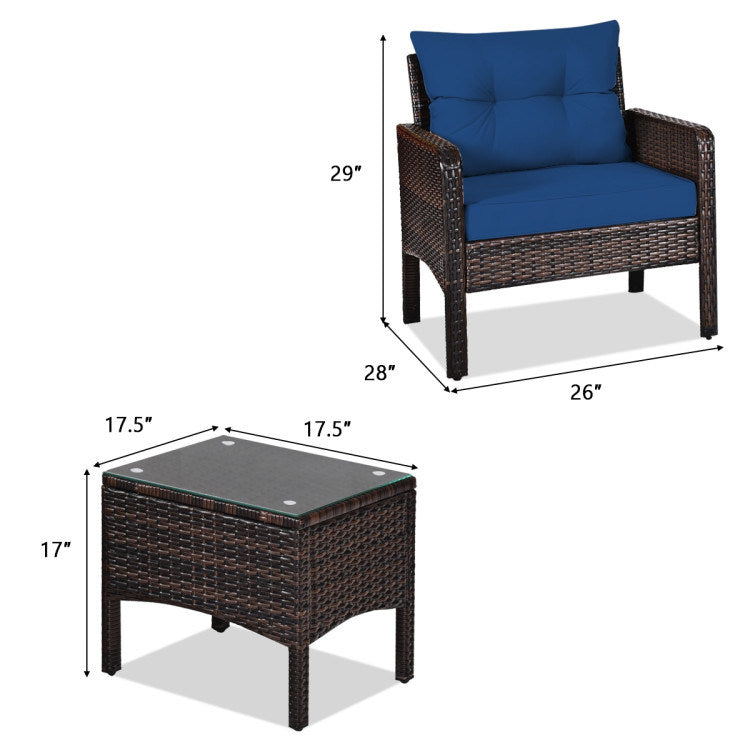 3 Pieces Outdoor Patio Rattan Conversation Set with Seat Cushions