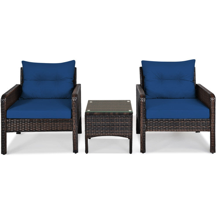 3 Pieces Outdoor Patio Rattan Conversation Set with Seat Cushions