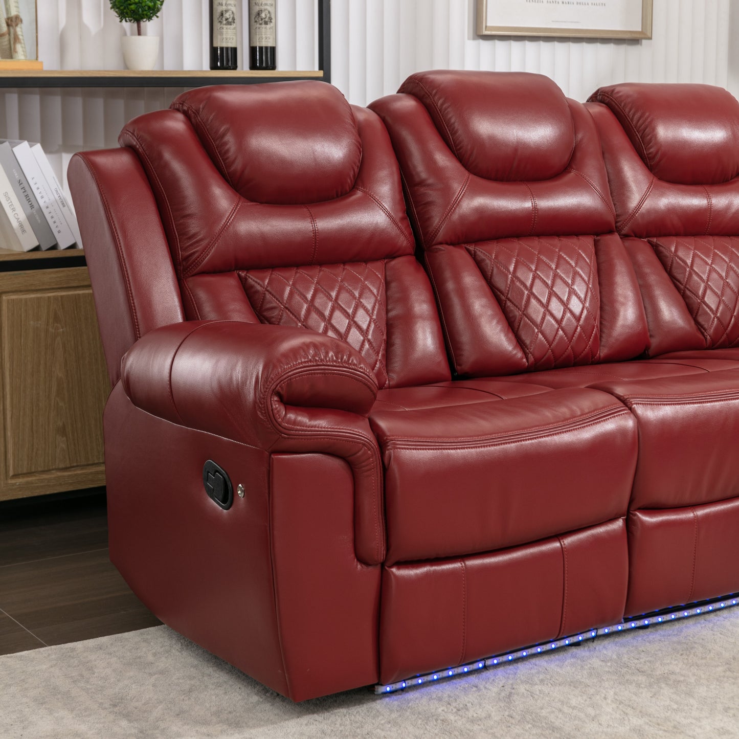 Home Theater Seating Manual Recliner Chair with Center Console and LED Light Strip for Living Room, Wind Red