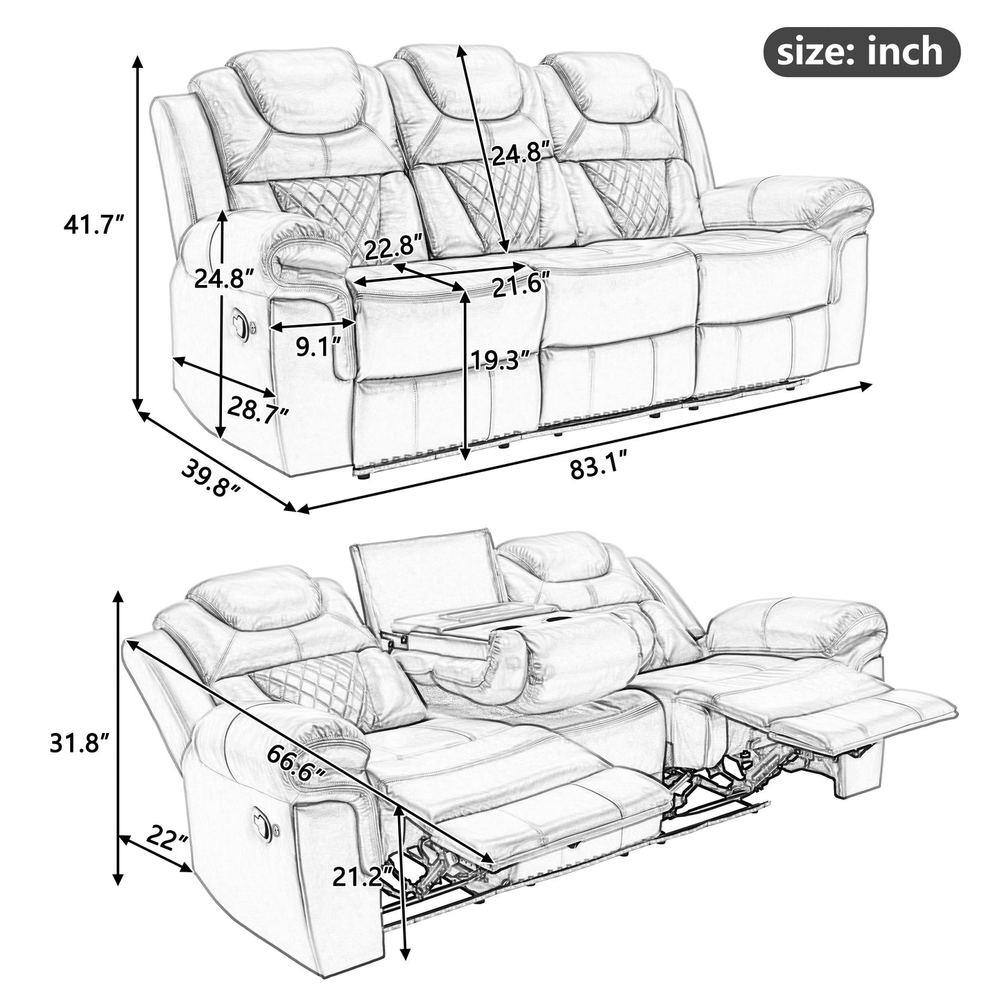 Home Theater Seating Manual Recliner Chair with Center Console and LED Light Strip for Living Room, Wind Red