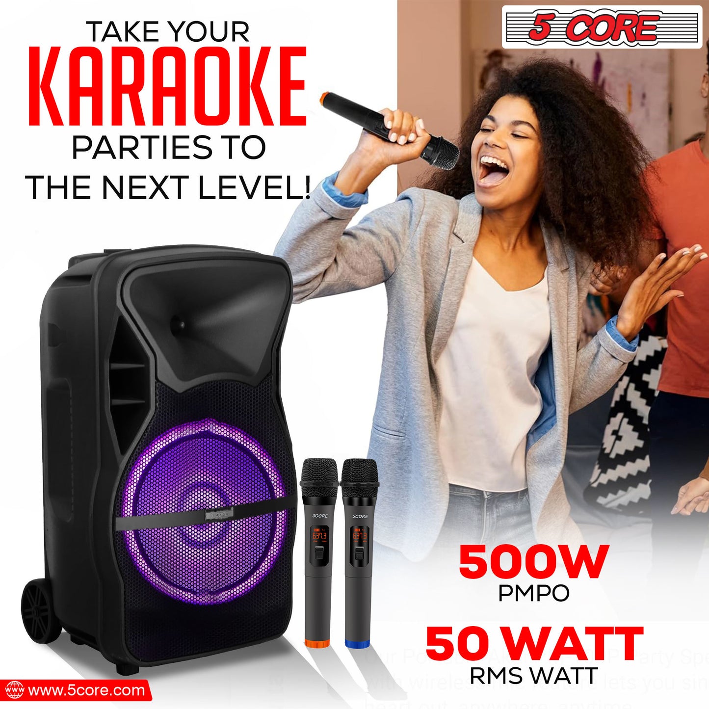 5 Core DJ speakers 12" Rechargeable Powered PA system 500W Loud Speaker Bluetooth USB SD Card AUX MP3 FM LED Ring - ACTIVE HOME 12 2-MIC