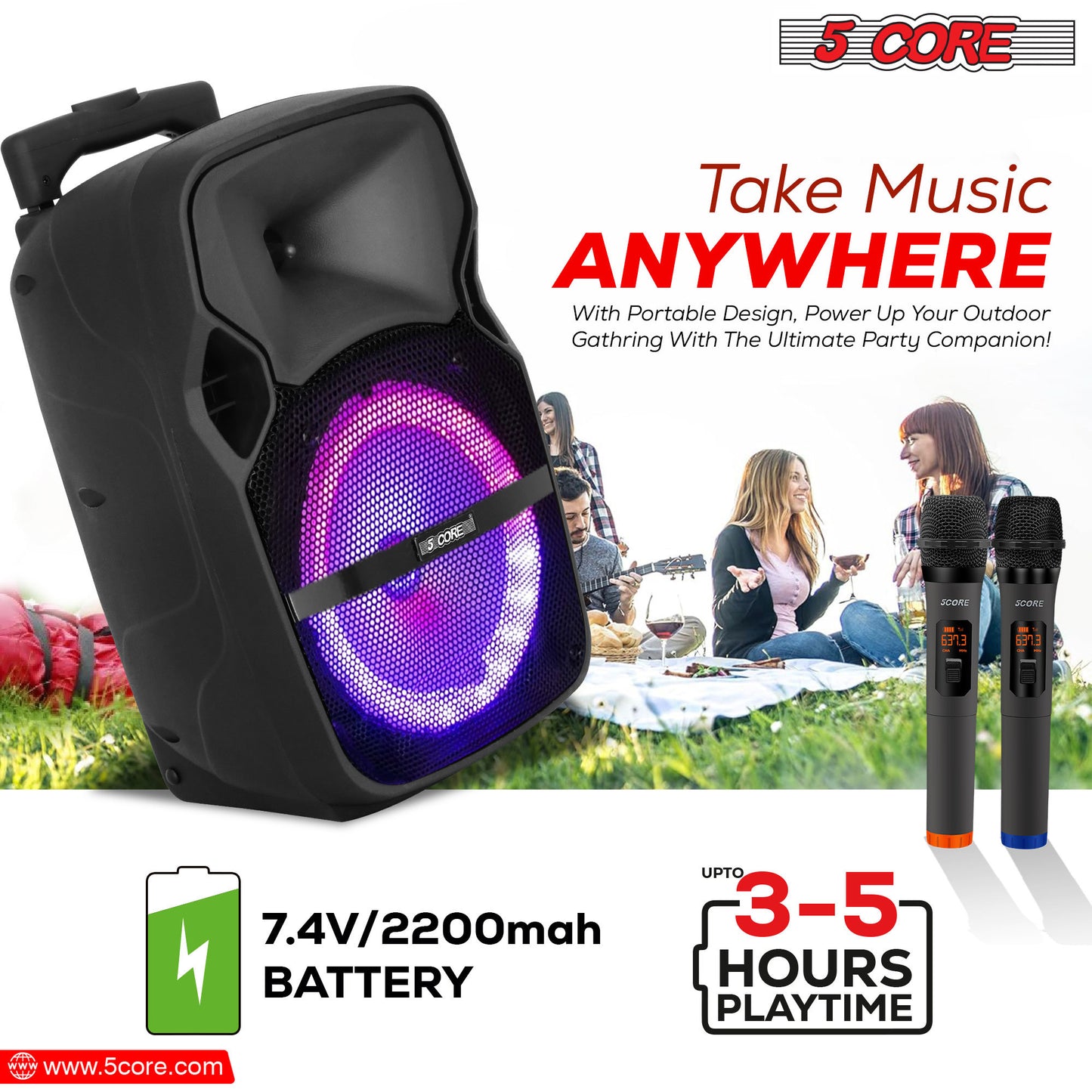 5 Core DJ speakers 8" Rechargeable Powered PA system 250W Loud Speaker Bluetooth USB SD Card AUX MP3 FM LED Ring - ACTIVE HOME 8 2-MIC