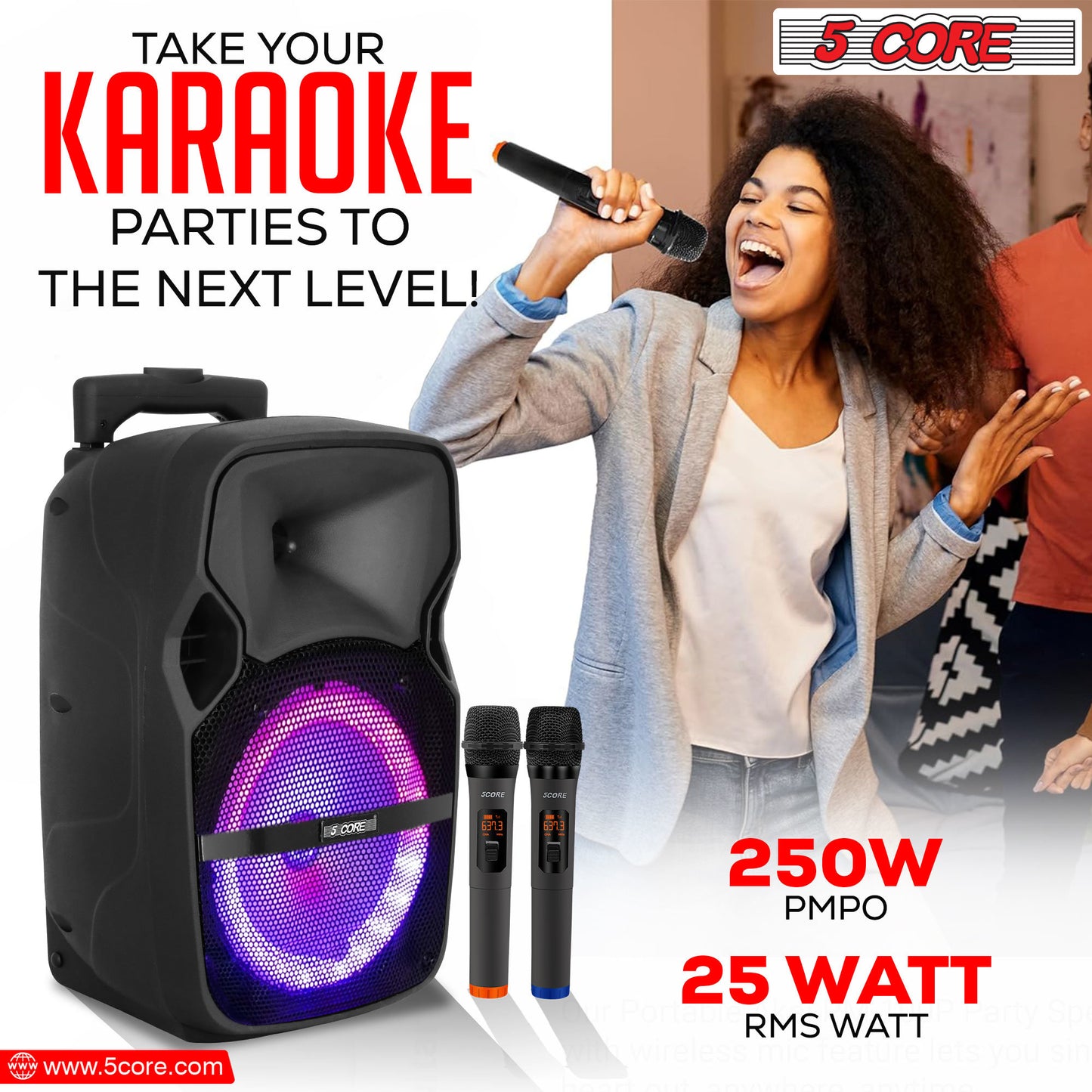 5 Core DJ speakers 8" Rechargeable Powered PA system 250W Loud Speaker Bluetooth USB SD Card AUX MP3 FM LED Ring - ACTIVE HOME 8 2-MIC