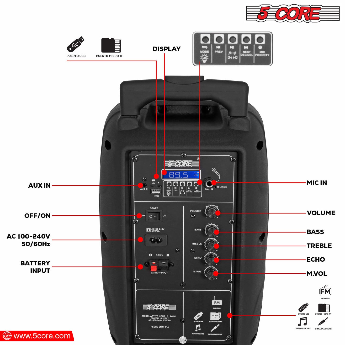 5 Core DJ speakers 8" Rechargeable Powered PA system 250W Loud Speaker Bluetooth USB SD Card AUX MP3 FM LED Ring - ACTIVE HOME 8 2-MIC