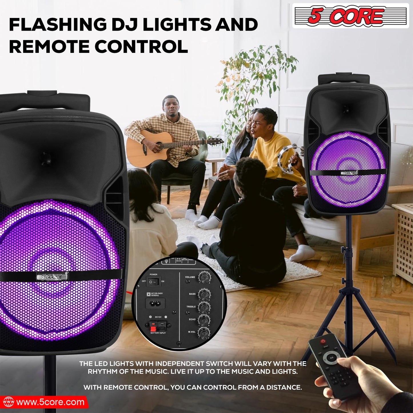 5 Core DJ speakers 8" Rechargeable Powered PA system 250W Loud Speaker Bluetooth USB SD Card AUX MP3 FM LED Ring - ACTIVE HOME 8 2-MIC