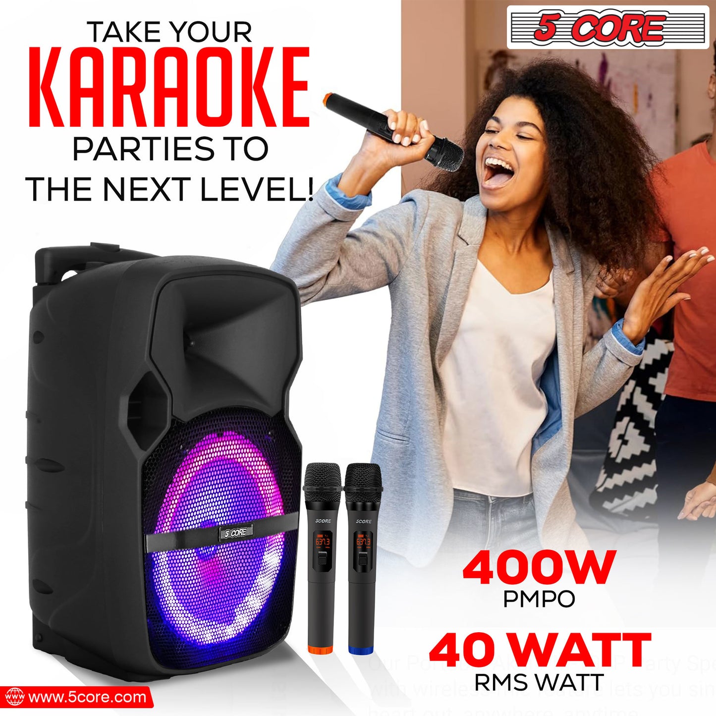 5 Core DJ speakers 10" Rechargeable Powered PA system 400W Loud Speaker Bluetooth USB SD Card AUX MP3 FM LED Ring - ACTIVE HOME 10 2-MIC