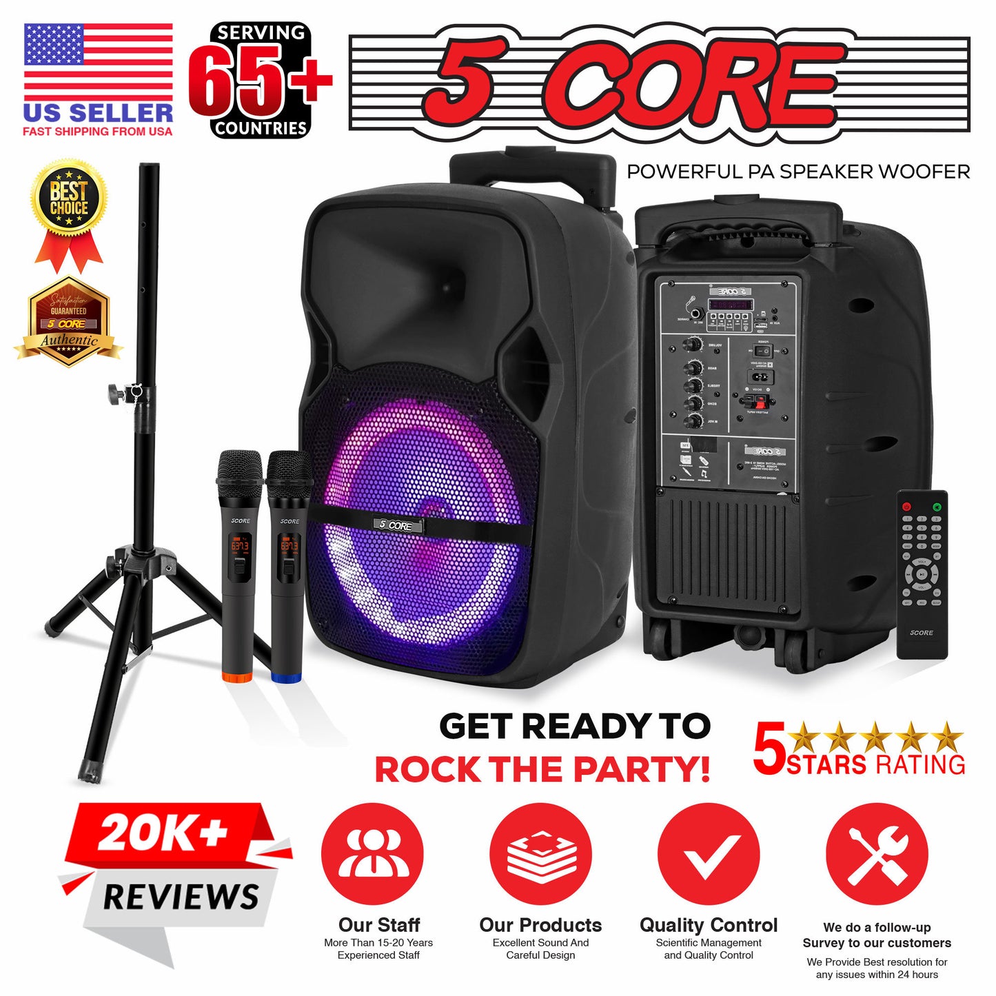 5 Core DJ speakers 10" Rechargeable Powered PA system 400W Loud Speaker Bluetooth USB SD Card AUX MP3 FM LED Ring - ACTIVE HOME 10 2-MIC