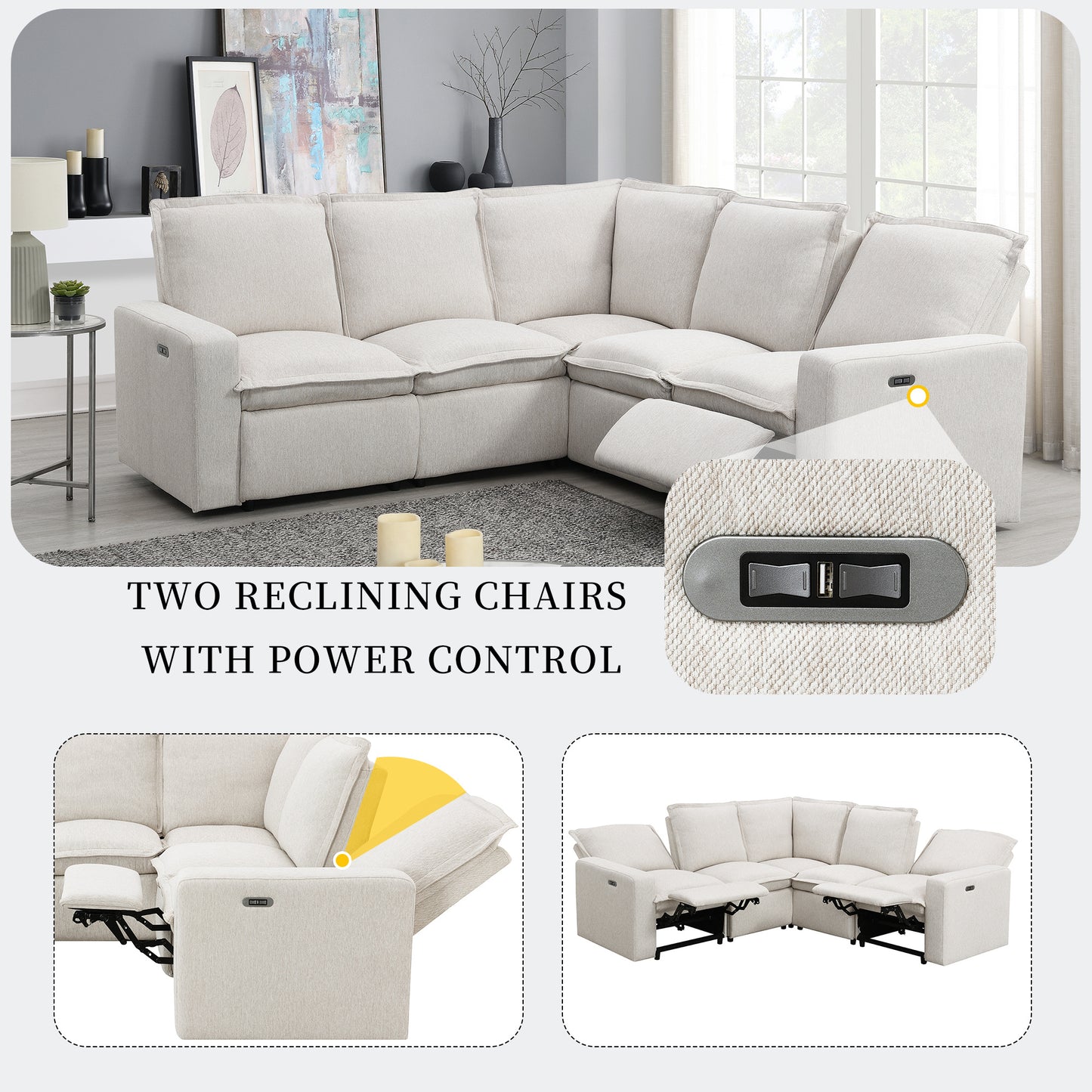 Power Recliner Chair Home Theater Seating Soft Chair with USB Port for Living Room, Bedroom, Theater room, Beige