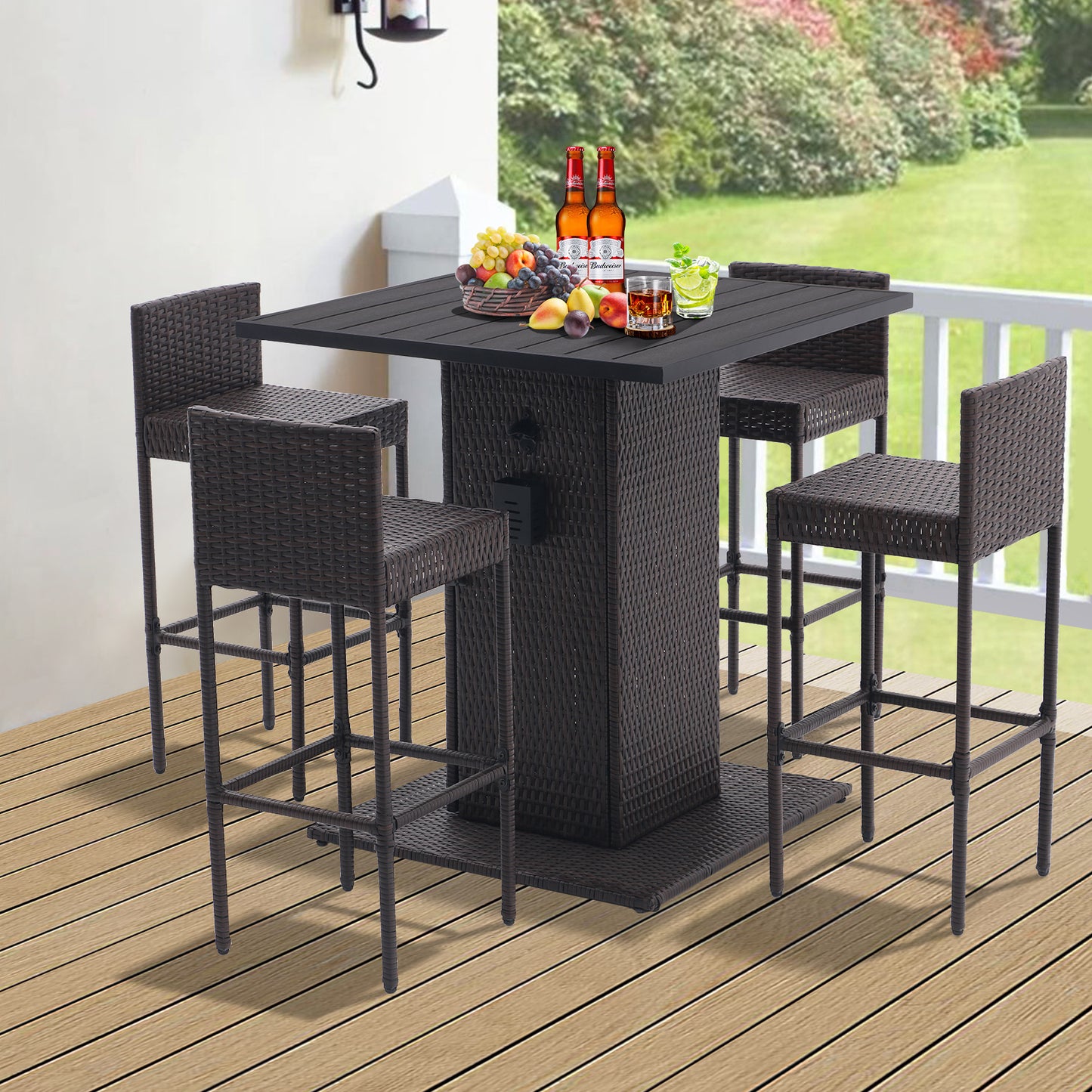 5-Piece Outdoor Conversation Bar Set,All Weather PE Rattan and Steel Frame Patio Furniture With Metal Tabletop and Stools for Patios, Backyards, Porches, Gardens, Poolside (Dark Coffee)