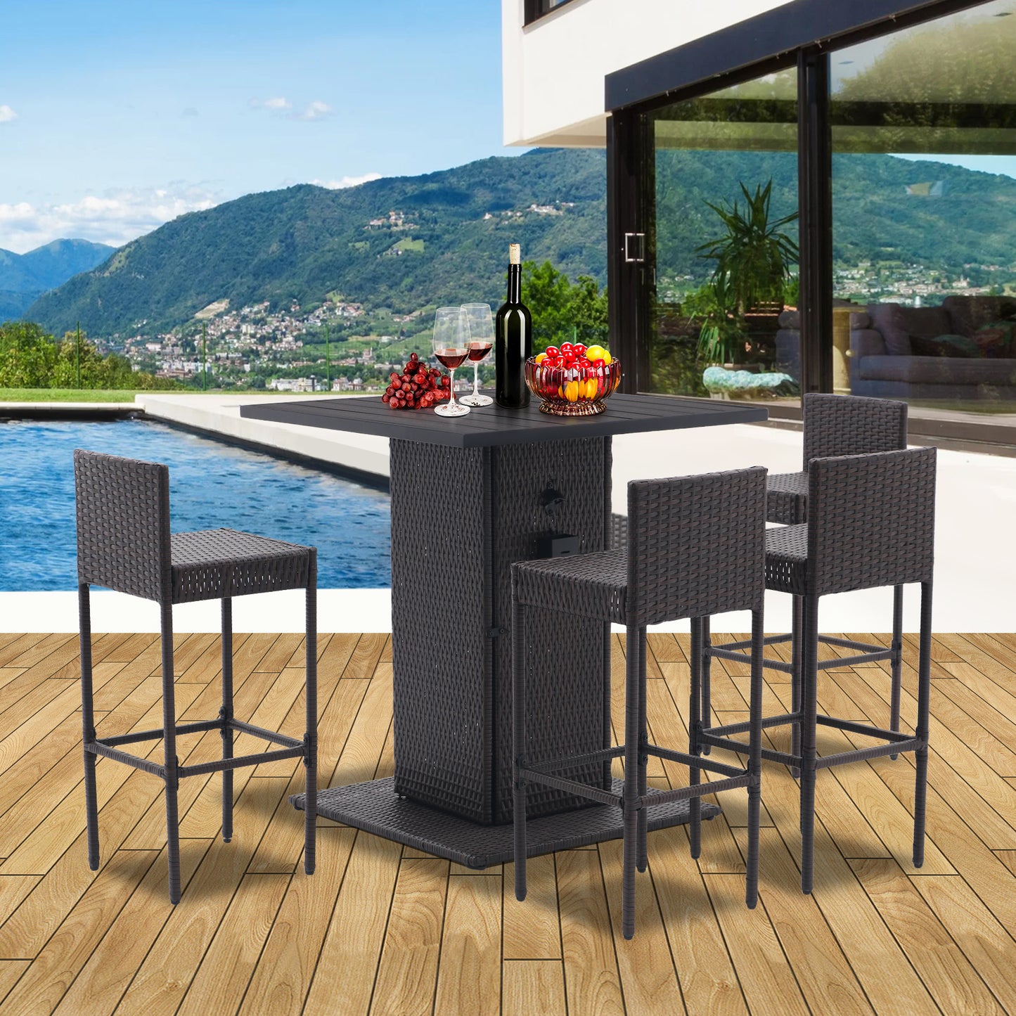 5-Piece Outdoor Conversation Bar Set,All Weather PE Rattan and Steel Frame Patio Furniture With Metal Tabletop and Stools for Patios, Backyards, Porches, Gardens, Poolside (Dark Coffee)