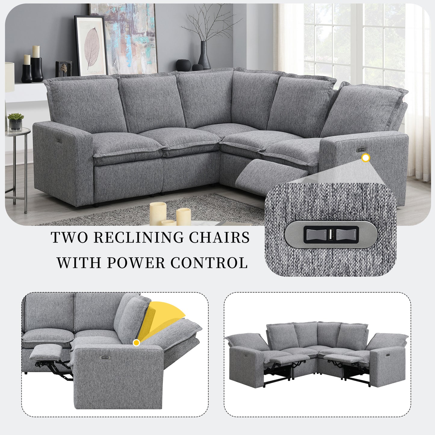 Power Recliner Chair Home Theater Seating Soft Chair with USB Port for Living Room, Bedroom, Theater room, Grey