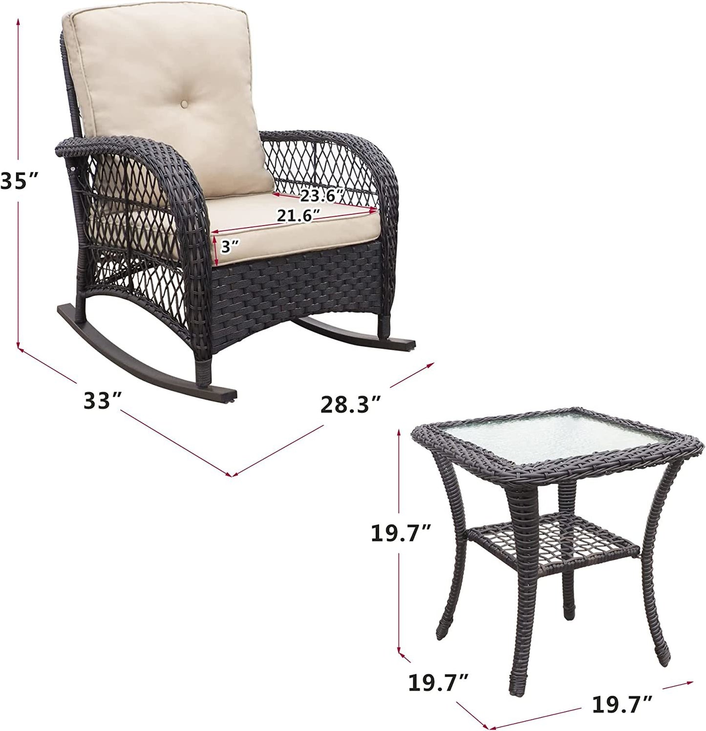 3 Pieces Outdoor Wicker Rocker Patio Bistro Set;  Rocking Glider Chairs with Premium Cushions and Armored Glass Top Side Table;  Elegant Wicker Patio Bistro Conversation Sets for Backyard