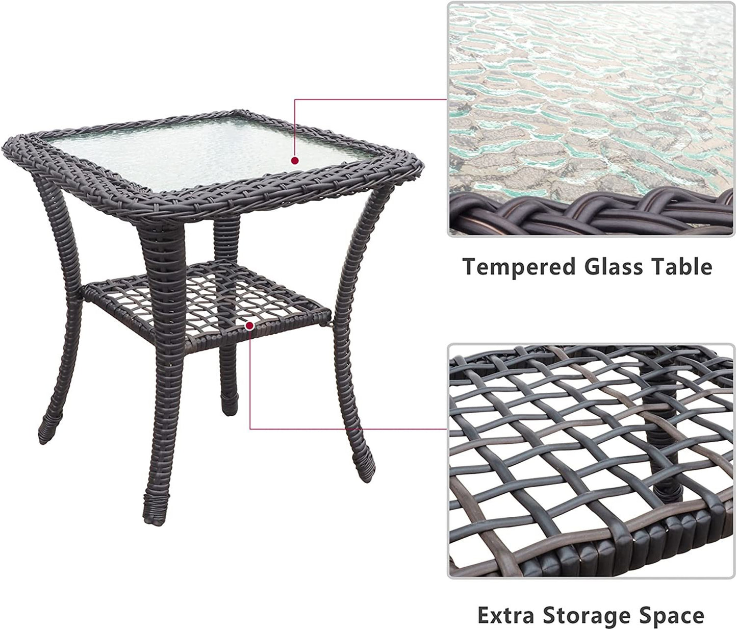 3 Pieces Outdoor Wicker Rocker Patio Bistro Set;  Rocking Glider Chairs with Premium Cushions and Armored Glass Top Side Table;  Elegant Wicker Patio Bistro Conversation Sets for Backyard