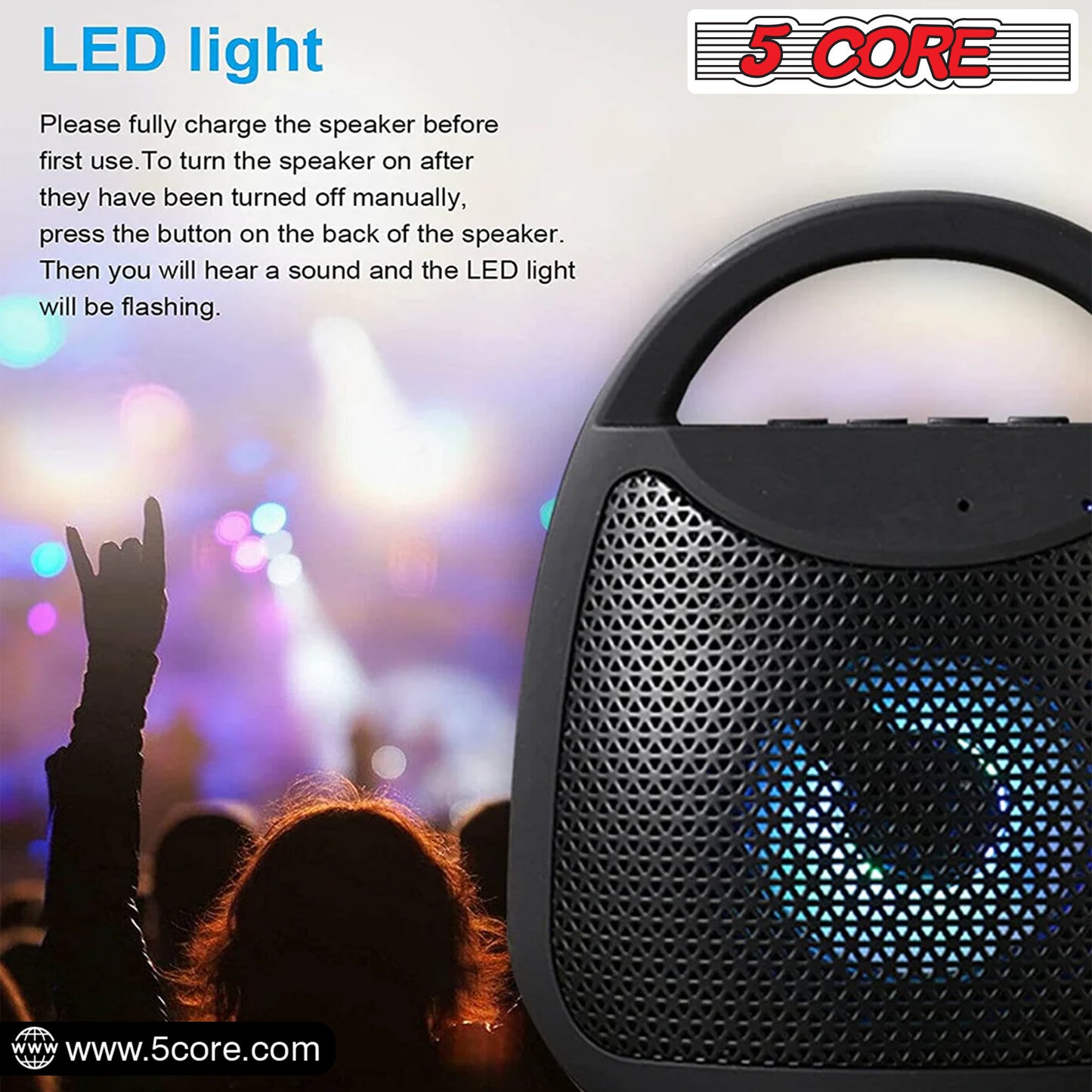 4" Portable Bluetooth Speaker Outdoor Wireless Mini 40W with Loud Stereo and Booming Bass, USB, FM, 10H Playtime, LED Party Lights, Water Resistant 5 Core - BLUETOOTH 13B