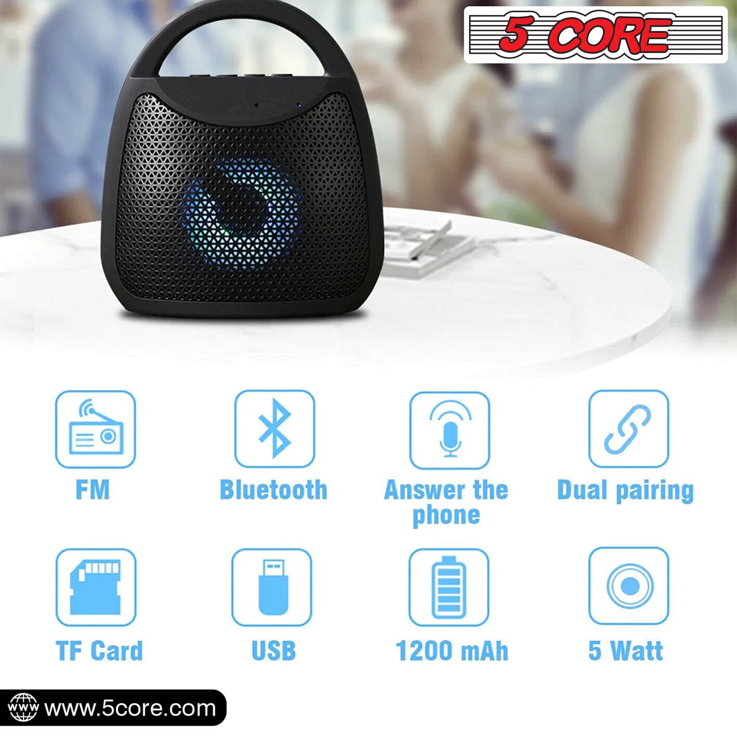 4" Portable Bluetooth Speaker Outdoor Wireless Mini 40W with Loud Stereo and Booming Bass, USB, FM, 10H Playtime, LED Party Lights, Water Resistant 5 Core - BLUETOOTH 13B