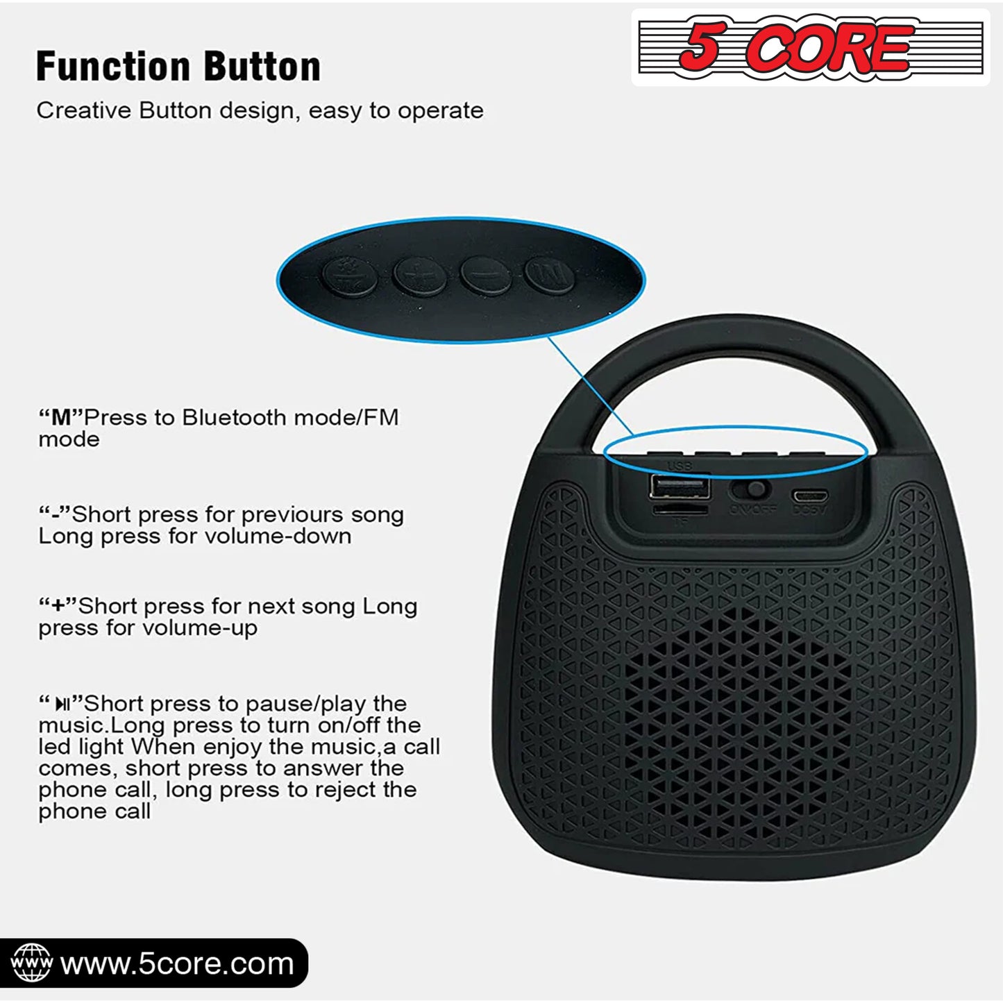 4" Portable Bluetooth Speaker Outdoor Wireless Mini 40W with Loud Stereo and Booming Bass, USB, FM, 10H Playtime, LED Party Lights, Water Resistant 5 Core - BLUETOOTH 13B