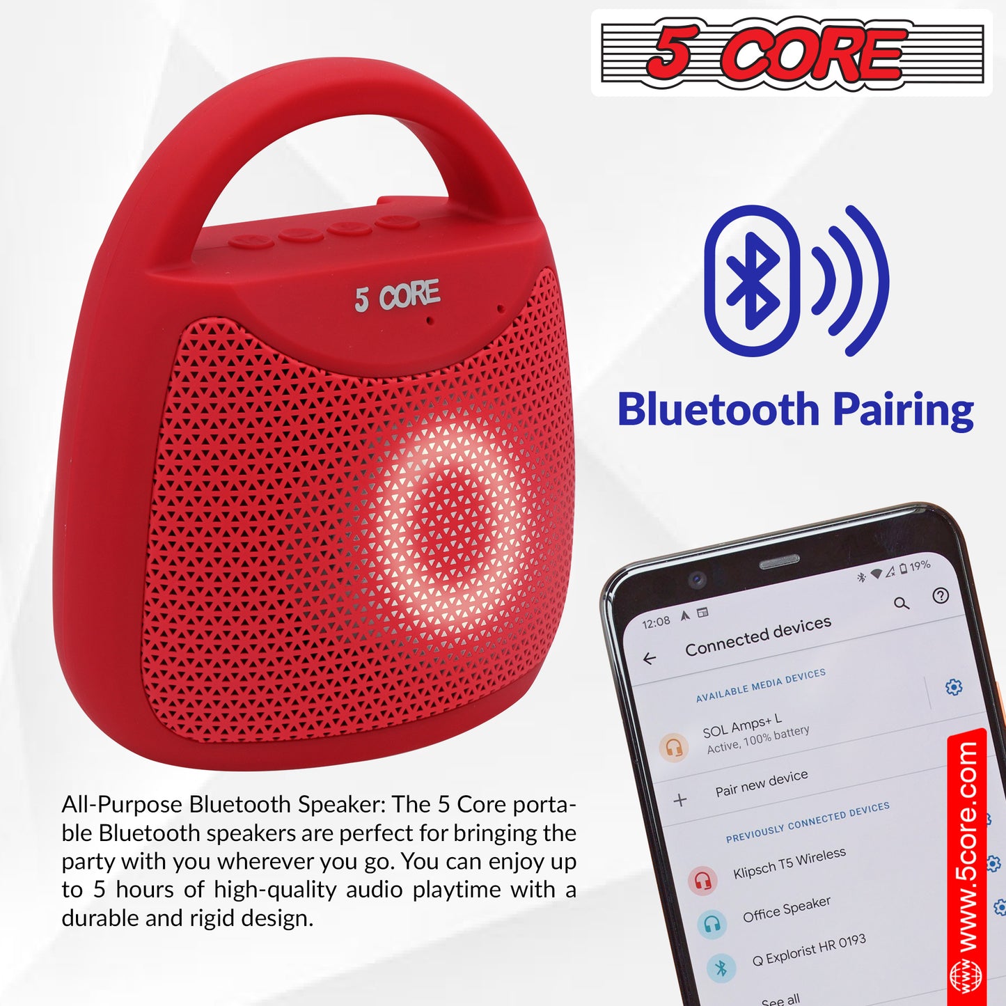 4" Portable Bluetooth Speaker Outdoor Wireless Mini 40W with Loud Stereo and Booming Bass, USB, FM, 10H Playtime, LED Party Lights, Water Resistant 5 Core - BLUETOOTH 13R