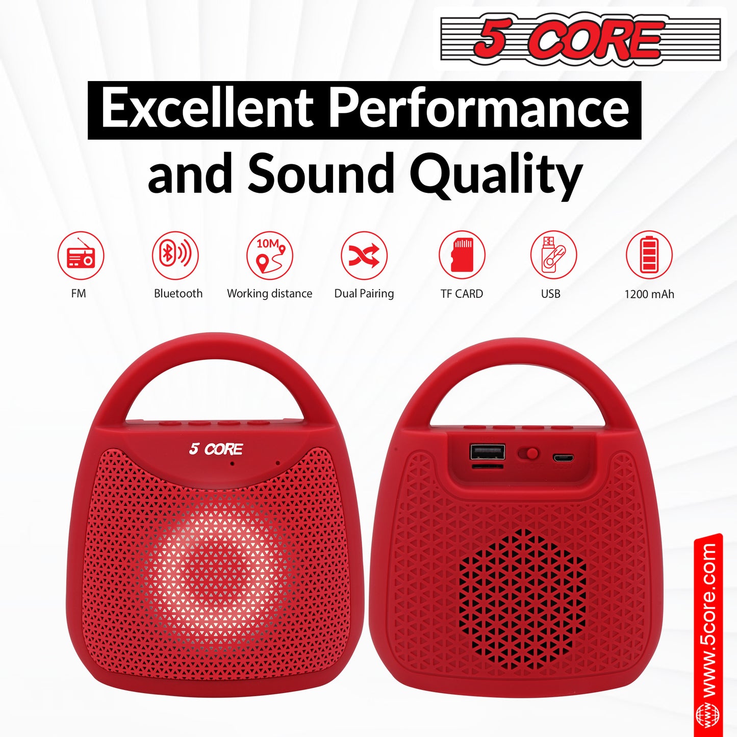 4" Portable Bluetooth Speaker Outdoor Wireless Mini 40W with Loud Stereo and Booming Bass, USB, FM, 10H Playtime, LED Party Lights, Water Resistant 5 Core - BLUETOOTH 13R