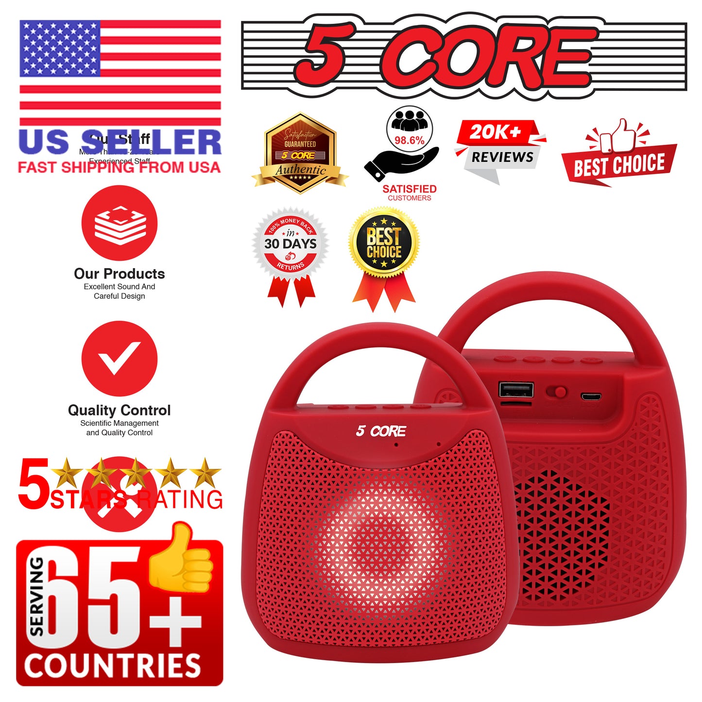 4" Portable Bluetooth Speaker Outdoor Wireless Mini 40W with Loud Stereo and Booming Bass, USB, FM, 10H Playtime, LED Party Lights, Water Resistant 5 Core - BLUETOOTH 13R